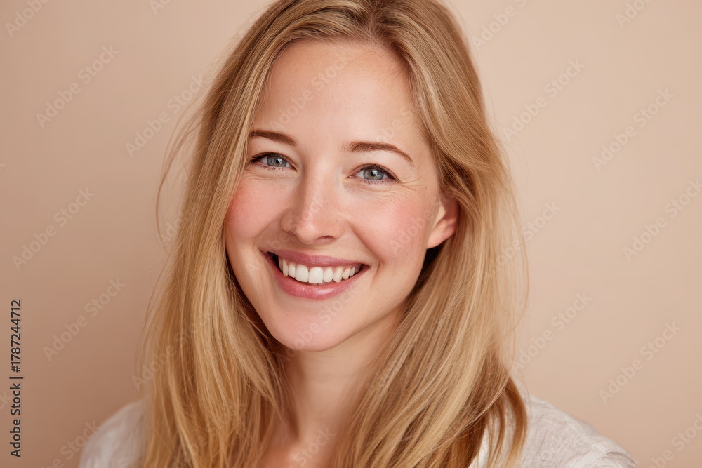 Fototapeta premium Radiant head-and-shoulders portrait of a blonde woman in a soft pastel setting