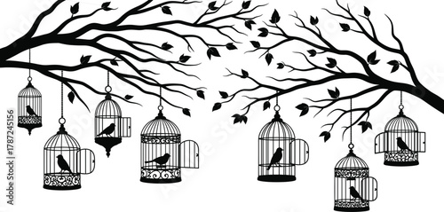 Black and white silhouette illustration, tree branch with birdcages, freedom concept, confinement, open doors, symbolic artwork, nature, birds, choice, escape