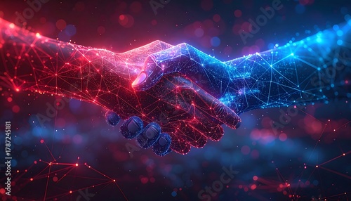 Digital handshake rendered in red and blue, glowing with a network