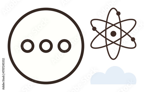 Three dots within a circle, atomic structure, and cloud shape combine to represent communication, data sharing, and innovation. Ideal for science, technology, cloud computing, data learning