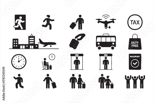 Black and white airport travel icons with luggage, bus, and security vector