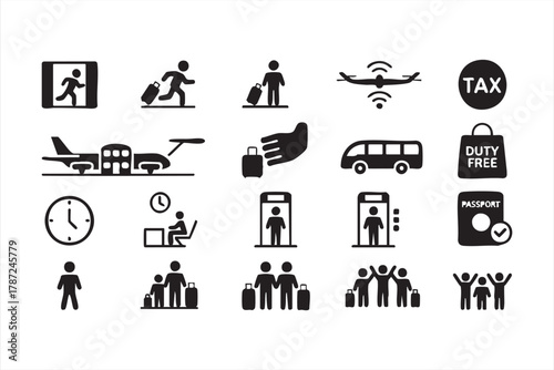 Aviation icon set — flight, passenger, and airport security vector design