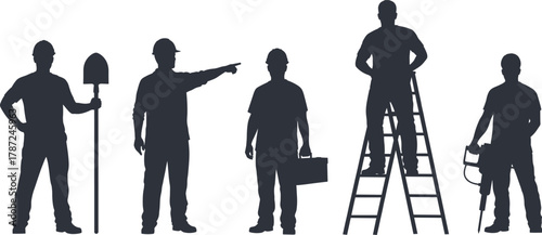 Construction workers silhouettes, industrial labor team, builders on site, ladder and tools, teamwork safety concept, hard hats, manual work illustration, engineering profession