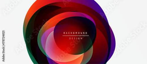 Abstract colorful layers create dynamic circular design. Vibrant hues blend, forming modern background element. Smooth gradients present visual appeal.