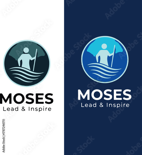 Stylish Minimalist Moses Logo Design on blue and white Background Logo .eps
