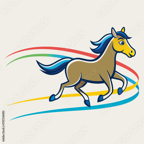 Cartoon horse galloping with colorful ribbons