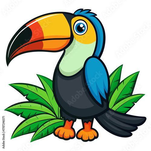 Cute cartoon toucan bird with large colorful beak and green leaves