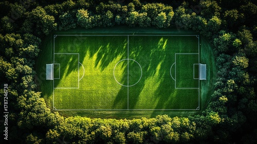 Aerial view of a soccer field surrounded by trees