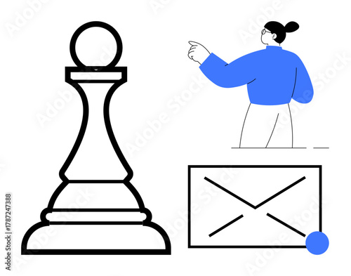 Chess pawn, person gesturing, and envelope symbol representing strategy, leadership, planning, communication, teamwork, decision-making goal-setting. Ideal for business education motivation