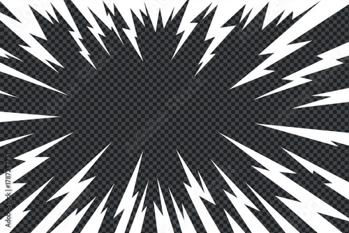 Radial comic manga thunder background with vector lightning lines. Thunder manga bg for anime power flash, electric burst and motion frame. Abstract dark effect illustration.