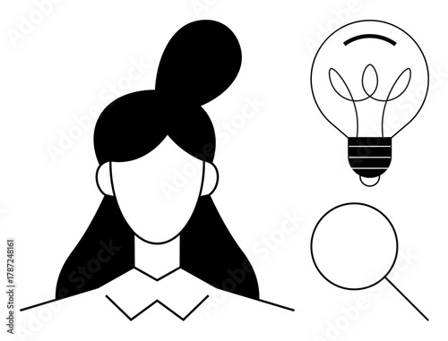 Minimalist woman vector with flowing hair alongside magnifying glass and light bulb. Ideal for creativity, innovation, ideas, problem-solving, research, leadership, brainstorming, and discovery