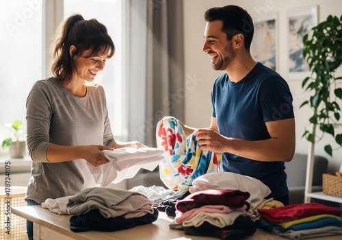 Happy young couple folding clean laundry and smiling together at home
