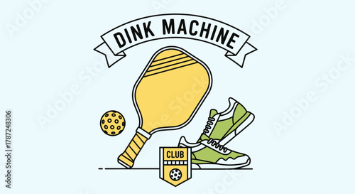 A graphic illustration featuring a pickleball paddle, ball, and athletic shoes with 'DINK MACHINE' banner.