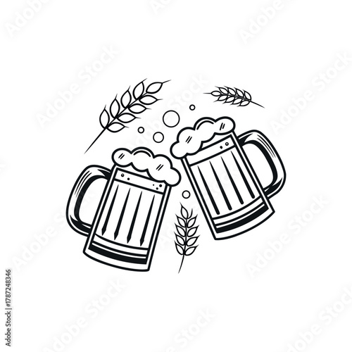 “Minimalist black and white line art of two clinking beer mugs with foam on top, simple clean outline, modern vector icon, white background.”