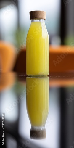 Yellow fruit juice in glass bottle with wood cap