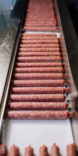 Salami sausage processing on an industrial conveyer belt
