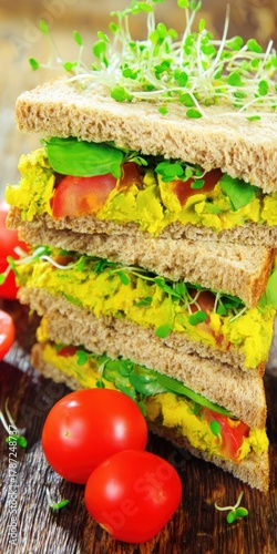 Healthy vegan sandwich with avocado spread, tomato, and sprouts