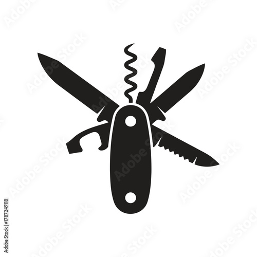 Black silhouette of an open swiss army knife with multiple tools