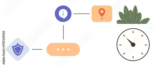 Flowchart with shield, info icon, location pin, clock, and greenery. Ideal for planning, security, information flow, task tracking location management productivity simple flat metaphor