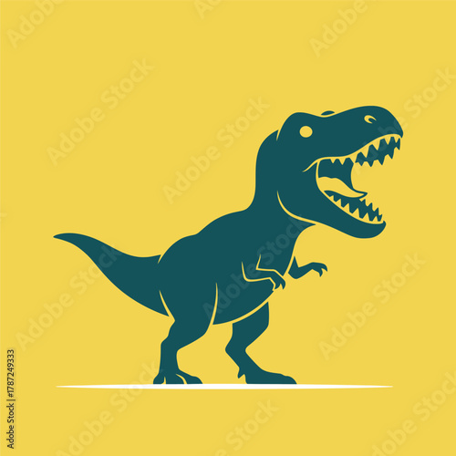 Roaring teal tyrannosaurus rex silhouette on yellow background