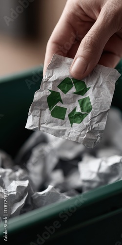 Hand dropping crumpled paper with recycling symbol into bin
