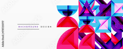 Abstract geometric shapes create vibrant design. Pink, purple, blue hues dominate composition. Modern aesthetic, clean lines present visual interest.