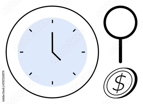 Clock for time management, magnifying glass for search or focus, and coin for financial concepts. Ideal for time saving, productivity, money management, research, analysis, focus simple flat