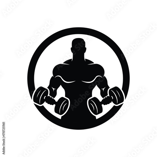 Silhouette of a muscular man holding dumbbells inside a circle