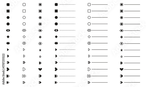 bullet points list of shapes, like arrows, heart, circle, square for power point presentation, infographics, web and app design development elements