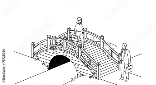 Illustration of business people crossing a wooden bridge outdoors editable stock