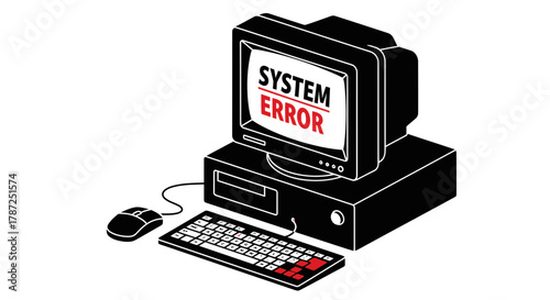 Illustration of an old computer displaying a system error message editable stock