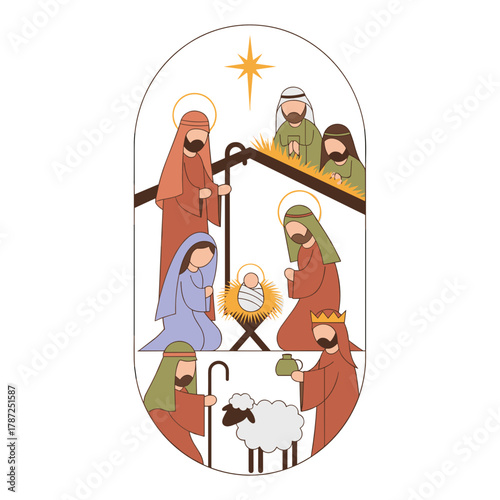 Nativity scene with Mary, Joseph, and wise men celebrating Christmas  