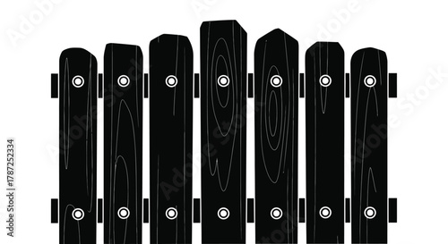 A black and white illustration of a wooden fence with seven planks editable stock