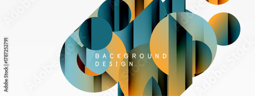 Abstract geometric shapes overlap. Blue, orange, teal hues dominate design. Minimalist style creates modern background.