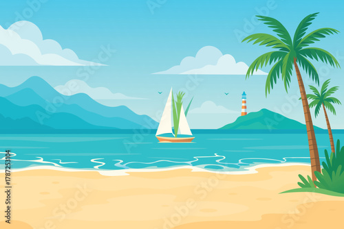 Modern flat vector scene of a peaceful tropical beach with sailing vessel and lighthouse