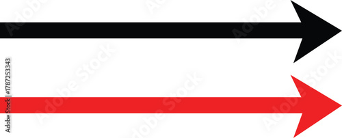 A graphic illustration of two horizontal arrows one black and one red on a white background plane