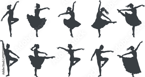 Ballet dancer silhouettes, classical ballet poses, elegant tutu movements, pirouette and arabesque positions, graceful female dancers, dance performance art