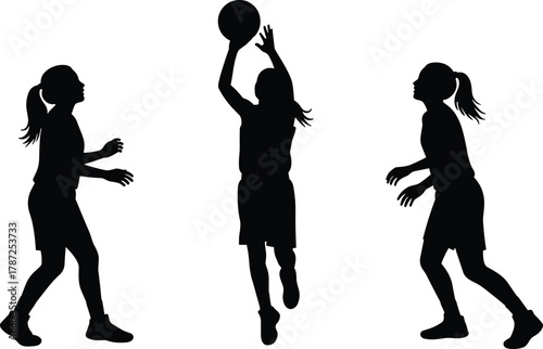Basketball silhouette, athlete jumping, sports action pose, dynamic movement, dribbling motion, shooting form, black figure, isolated white background, fitness concept