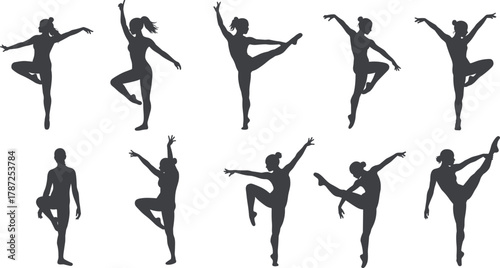 Ballet dancer silhouettes, elegant poses, classical dance movements, graceful stances, artistic expression, black figures, flexibility, strength, balance, performance art