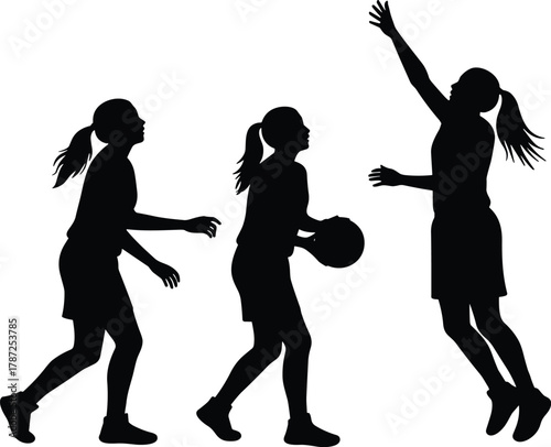 Basketball silhouette, player action pose, jump shot, dribble motion, sports movement, athlete figure, black outline, dynamic posture, competitive energy, isolated background