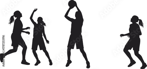 Basketball silhouettes, athletic movement, sports action, dynamic poses, team play, jump shot, dribble, defense, fitness, energy, coordination, training