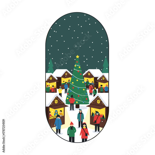 People celebrating Christmas at a festive market with a tree  