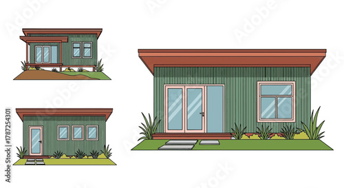 Three illustrations of a modern house with green siding and brown roof editable stock