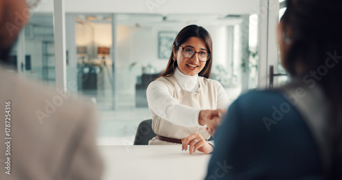 Quadro su tela Business, woman and handshake with people in meeting for negotiation, deal and legal settlement