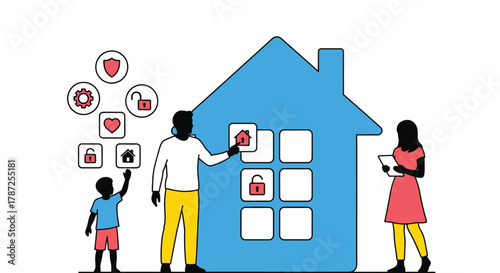Family interacting with smart home interface on a blue house shape editable stock