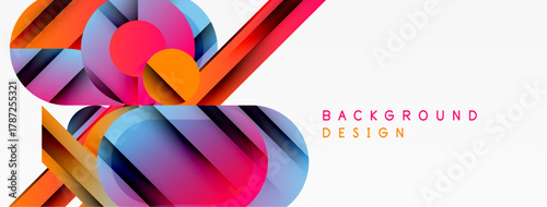 Abstract geometric shapes overlap, creating vibrant colorful design. Orange, purple, blue hues dominate composition. Modern aesthetic.