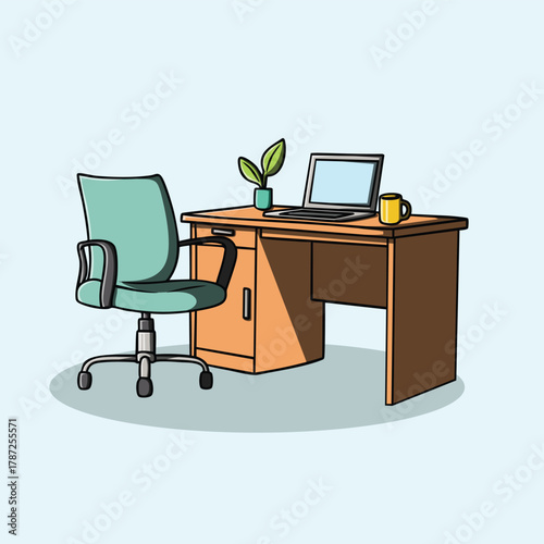 Illustration of an empty workspace with potted plants and coffee