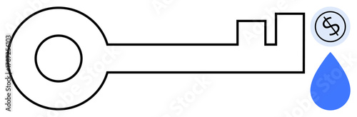 Vintage-style key near a blue water drop and a coin with a dollar sign, symbolizing financial access, sustainability, resource control, wealth, security, conservation, growth. Ideal for finance