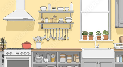 Kitchen counter with shelves and organized utensils