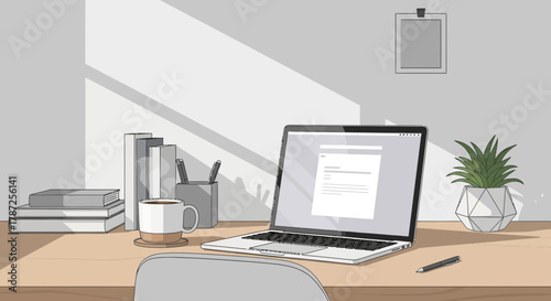 Laptop with coffee and books on a desk